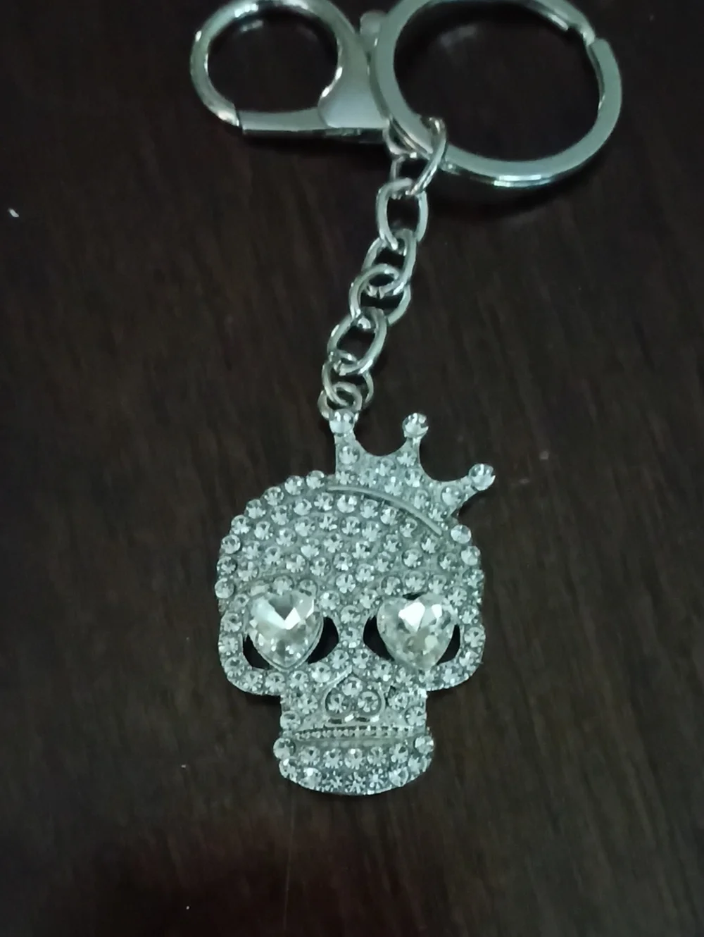 Crystal Skull Keychain with Crown - Silver Rhinestones Heart Eyes